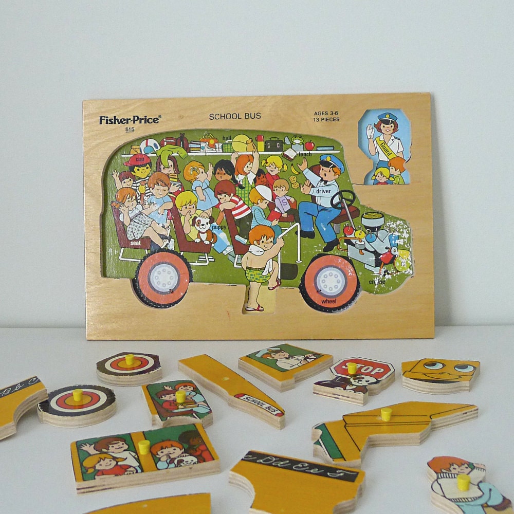 Vintage Puzzle, 1970s Fisher Price, School Bus, No. 515  - kids toy, children, educational, wooden, learning toy, yellow, retro