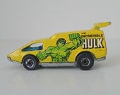 Vintage Hot Wheels Toy Car, The Incredible Hulk, 1970s Spoiler Sport - gift for him, Marvel, yellow, green, retro, diecast, kids toy