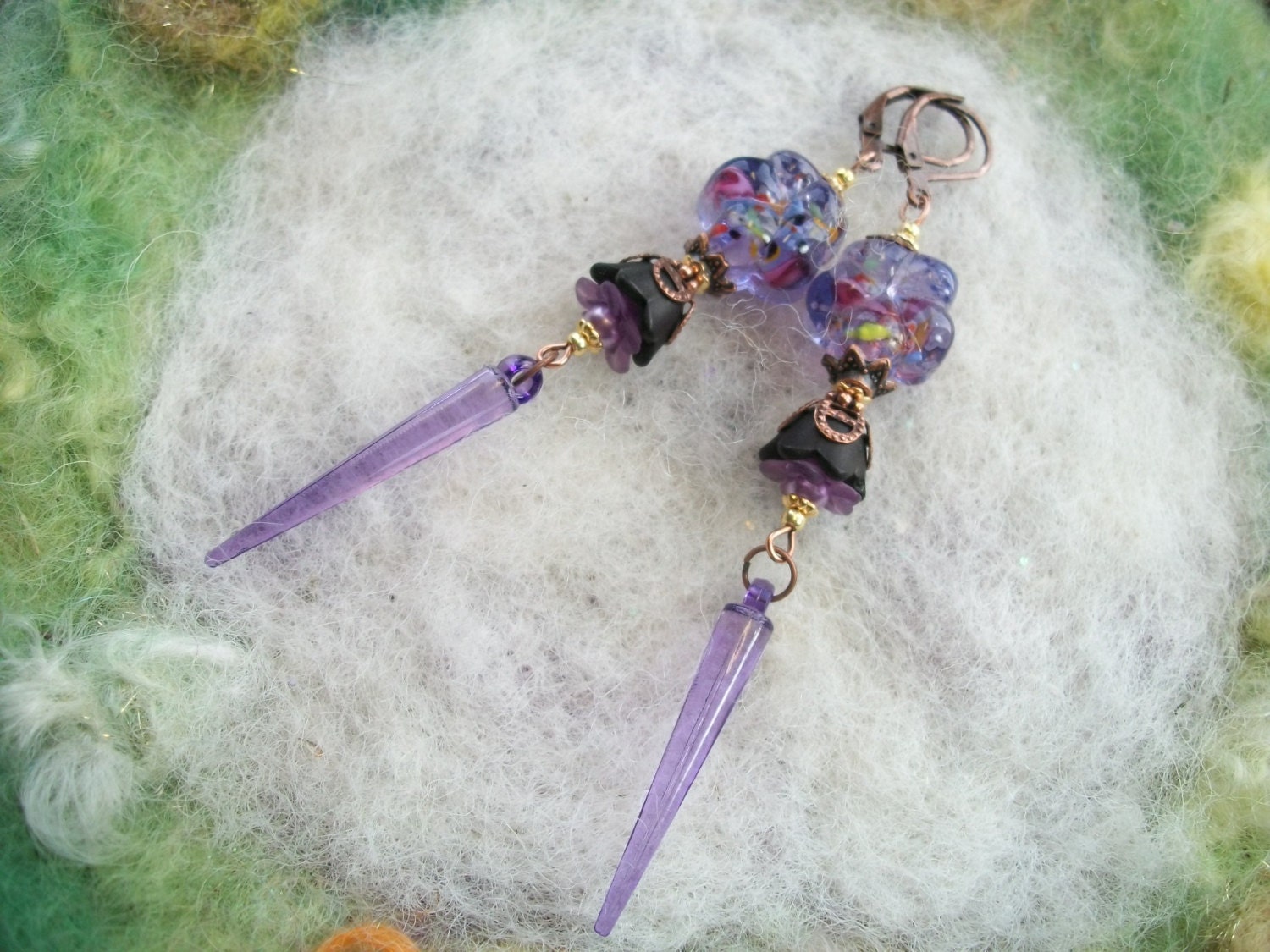 Purple Earrings, Lamp Work and Lucite