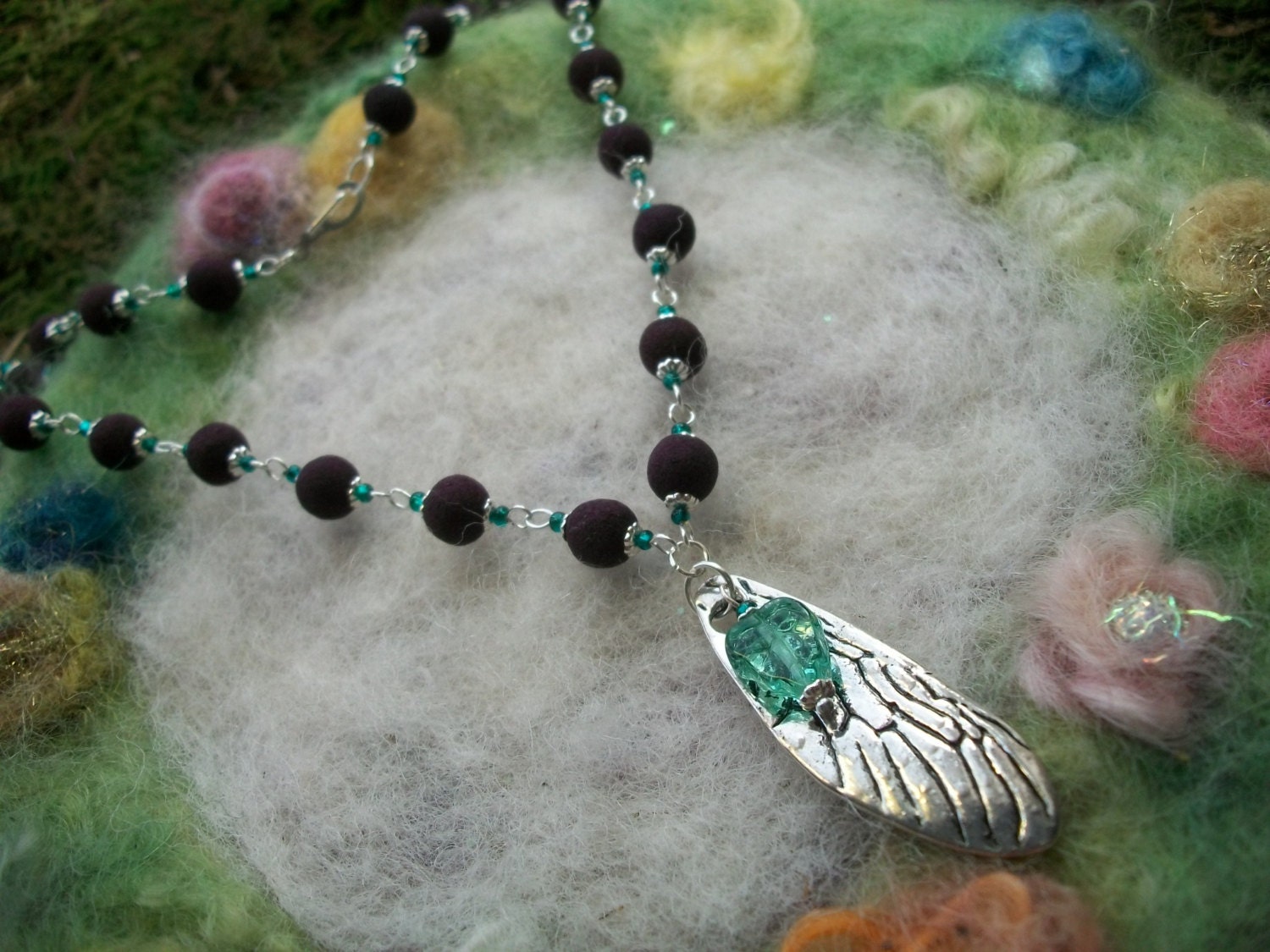 Rose Petal Bead Necklace, Handmade with Dragonfly Wing
