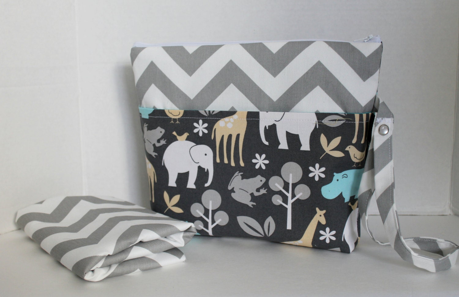 Ready To Ship - Large Zippered Diaper Clutch and Changing Mat Travel Set - Grey Chevron and Zoology in Aqua Or Custom Design Your Own