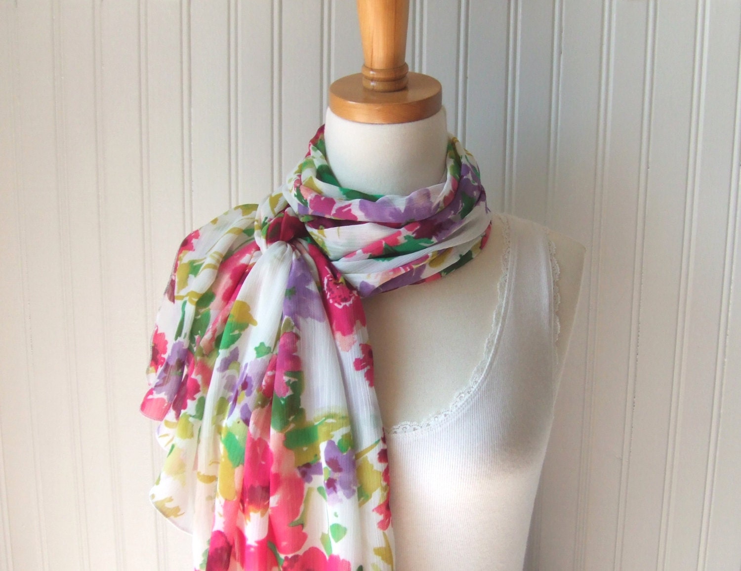 Summer Blooms Sheer Scarf - Magenta Pink, Lilac Purple, Lime Green Chiffon Scarf - Spring and Summer Fashion - JANNYSGIRL