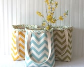 Chevron Tote Bags Bridesmaid Gift Set of 3 in Sunny Yellow, Aqua Blue and Garden Green - Reversible Spring and Summer Wedding Totebags