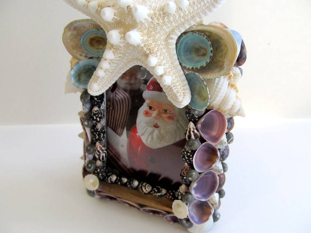 Beach Decor Sea Shell Accent Frame with Starfish, Urchin Spines, Turquoise Limpets and more