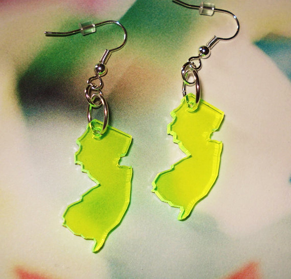 New Jersey Earrings in Fluorescent Neon Green Acrylic, State Earrings