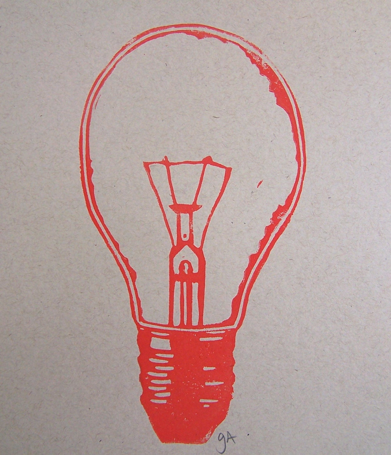 LINOCUT PRINT - lightbulb red LETTERPRESS poster on kraft 8x10