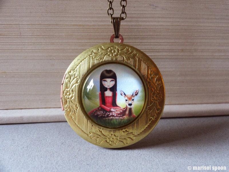 Locket deer fawn girl locket - Adalaide Locket - vintage style locket by Marisol Spoon