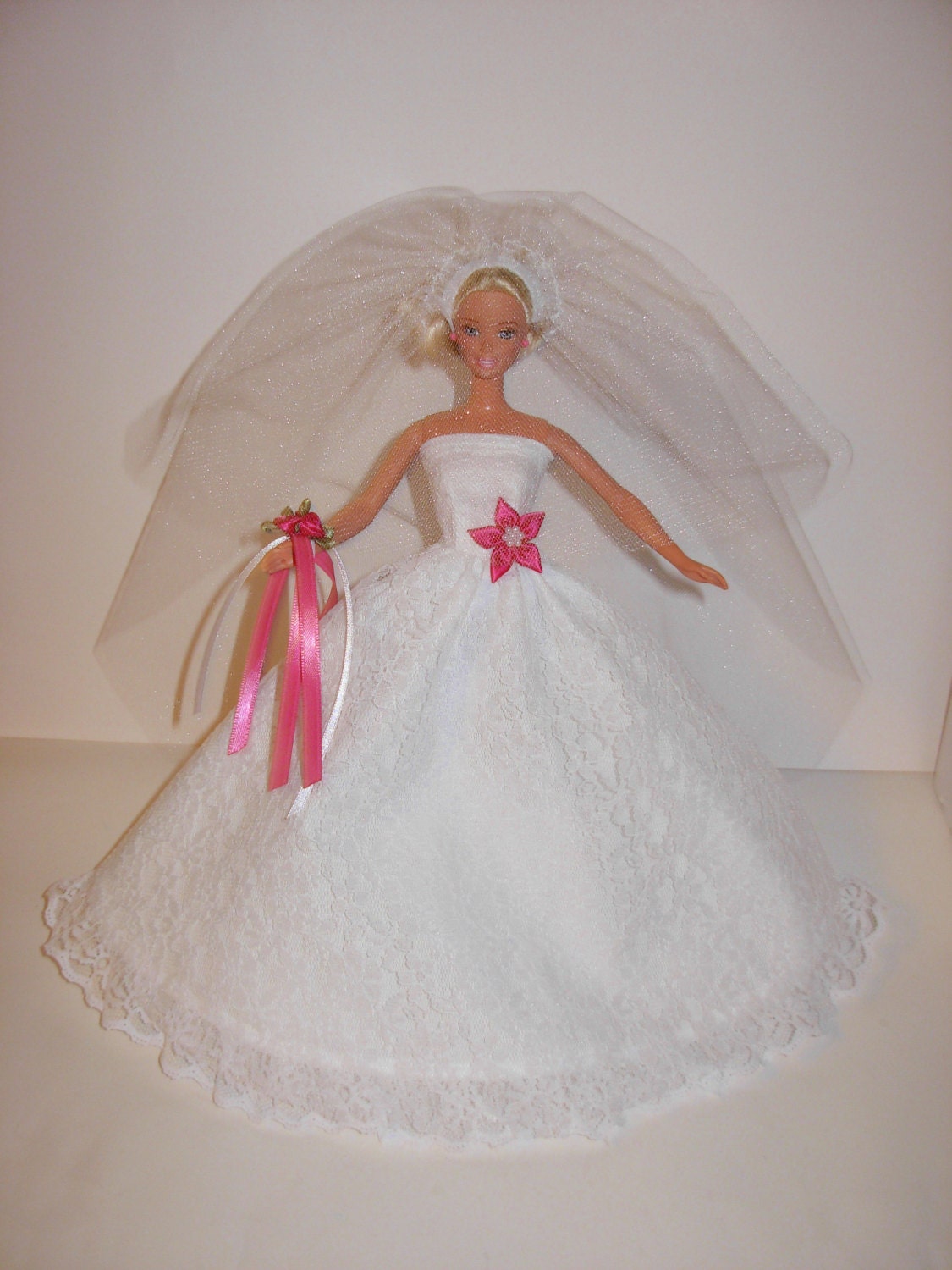 Adorable wedding gown, corsage,  veil for barbie doll
