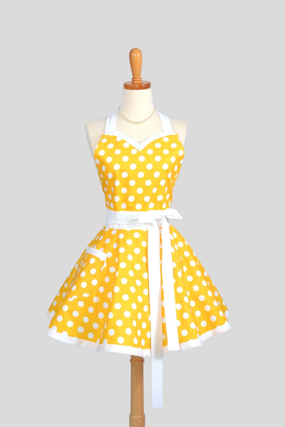 Sweetheart Retro Apron / Handmade Womens Full Kitchen Apron in Yellow and White Large Polka Dot