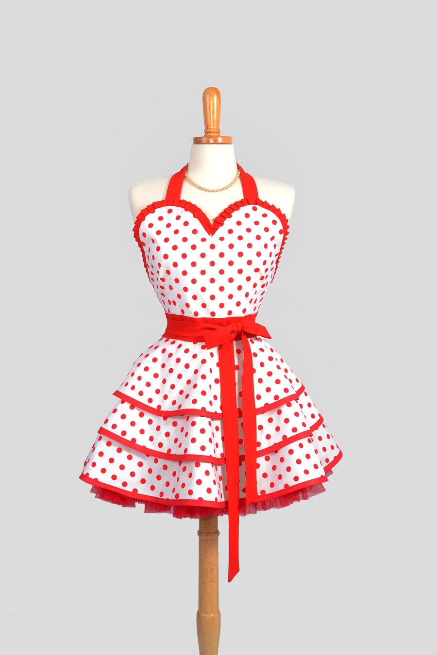 Sexy Retro Pinup Apron - Handmade Cute and Sexy Ruffled White with Red Dots