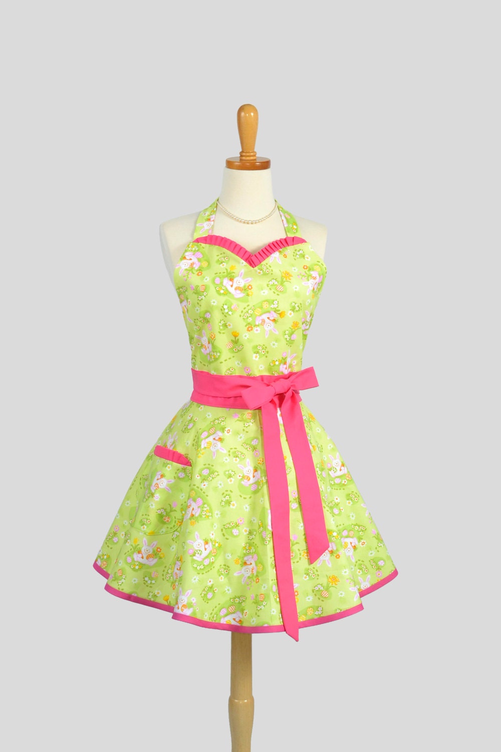 Sweetheart Retro Apron : Handmade Cute Retro in Lime Green with Pink Bunny Rabbits