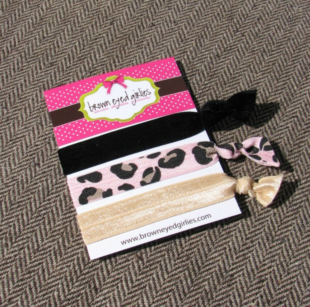 Elastic Hair Ties - Black velvet and Pink Leopard