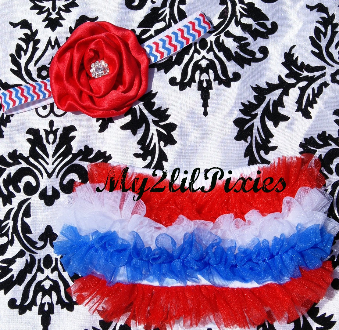 PHOTO PROP set- Red White And CUTE Chiffon Ruffle Bum Bloomers Diaper Cover and Matching Baby Girl Flower headband- 4th of July-MY2Lilpixies