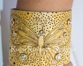 Yellow Butterfly Leather Cuff with Swarovski Crystals