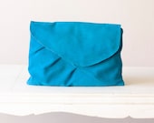 Oversized leather clutch , leather envelope  in suede light Blue