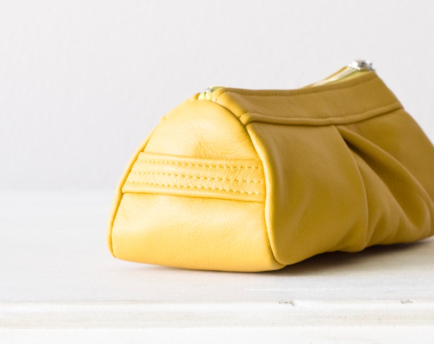 Yellow Leather cosmetic bag   ,  leather makeup bag