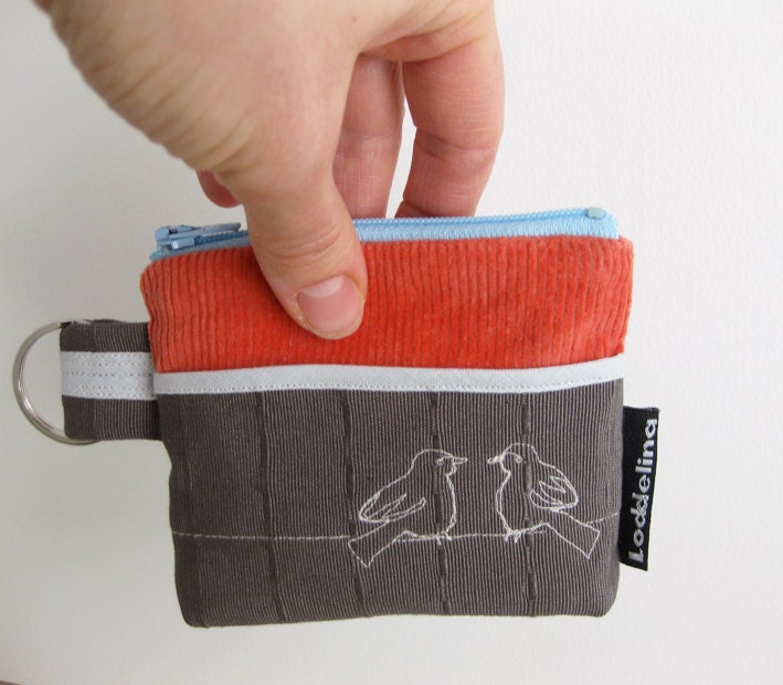 CoIN PURSE chocolate brown taupe natural linen with embroidered bird on branch and burgundy zipper