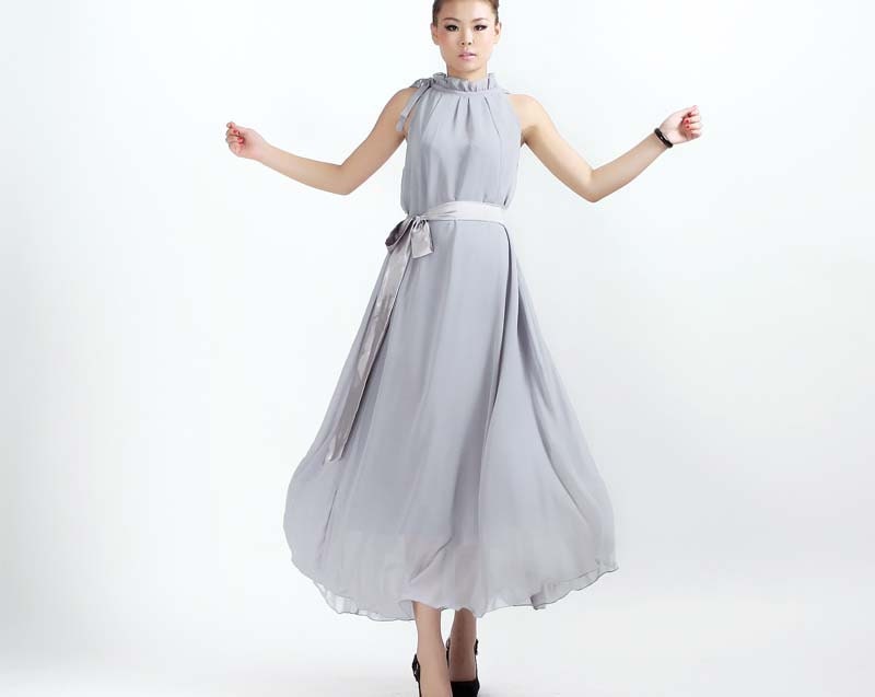 Gray chiffon maxi prom dress (0235)