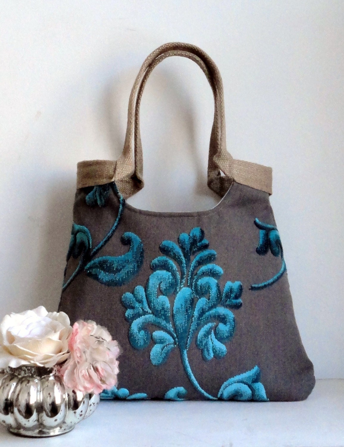 Turquoise tapestry tote bag with jute, fashion 2013