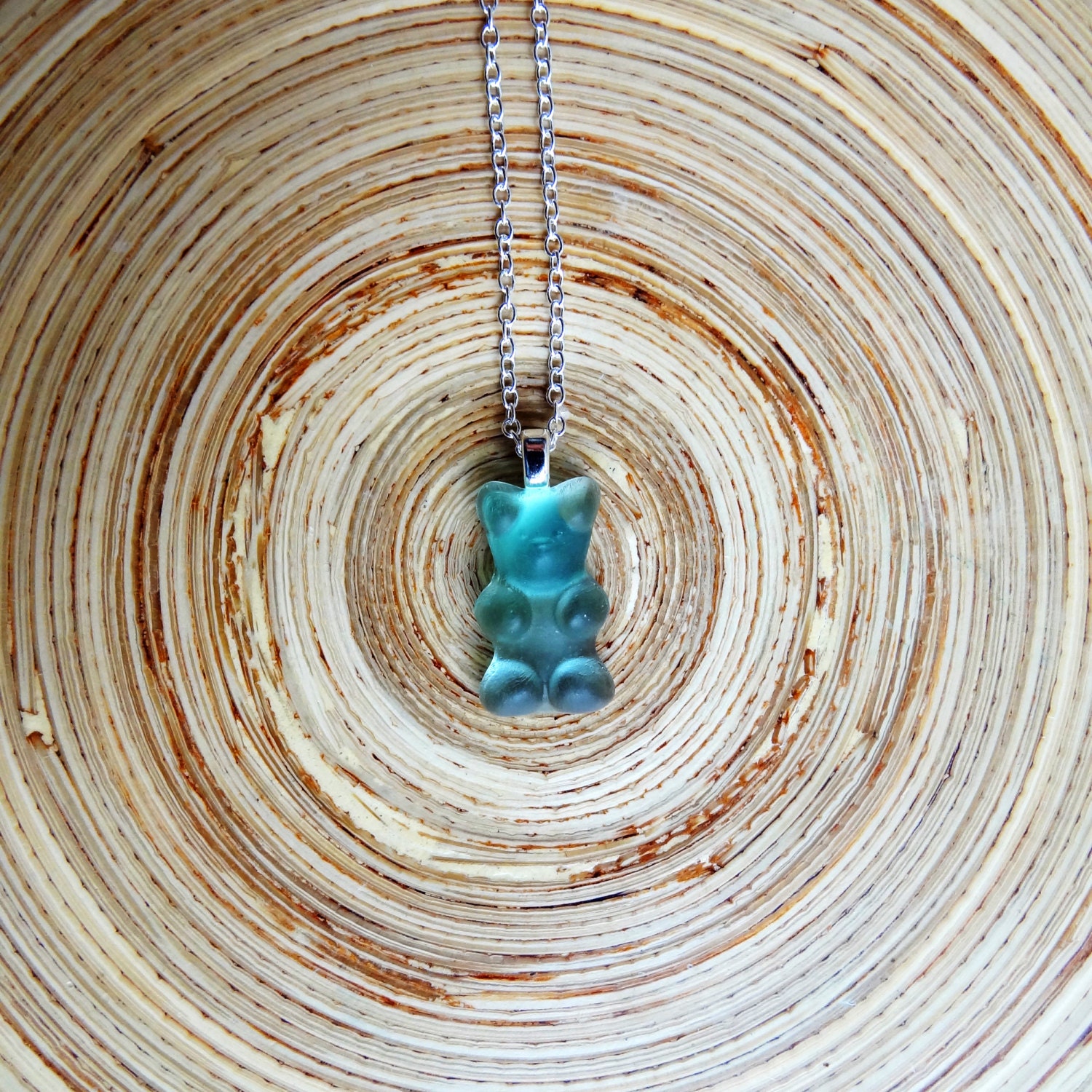 Gummy Bear Necklace Pendant 22" Sterling Silver Chain 925 Vanilla Teal