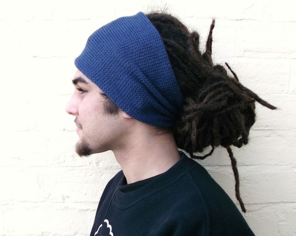 Mens blue headband, wide knitted hair wrap, dreadlocks cover up.
