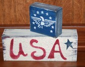 USA Sign Block Set with American Eagle - Patriotic Primitive and Country Shelf Sitter