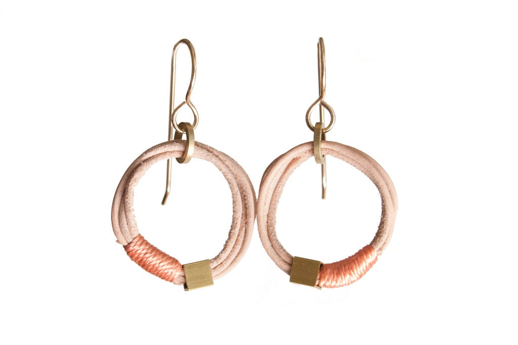 Drop Wrap earrings - Coral silk leather and brass