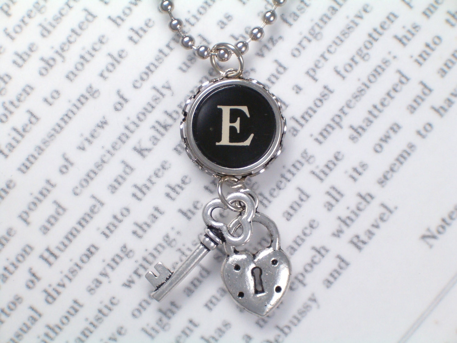 Typewriter Key Necklace With Initial E Lock and Key Charms - Vintage Typewriter Key Jewelry By HauteKeys