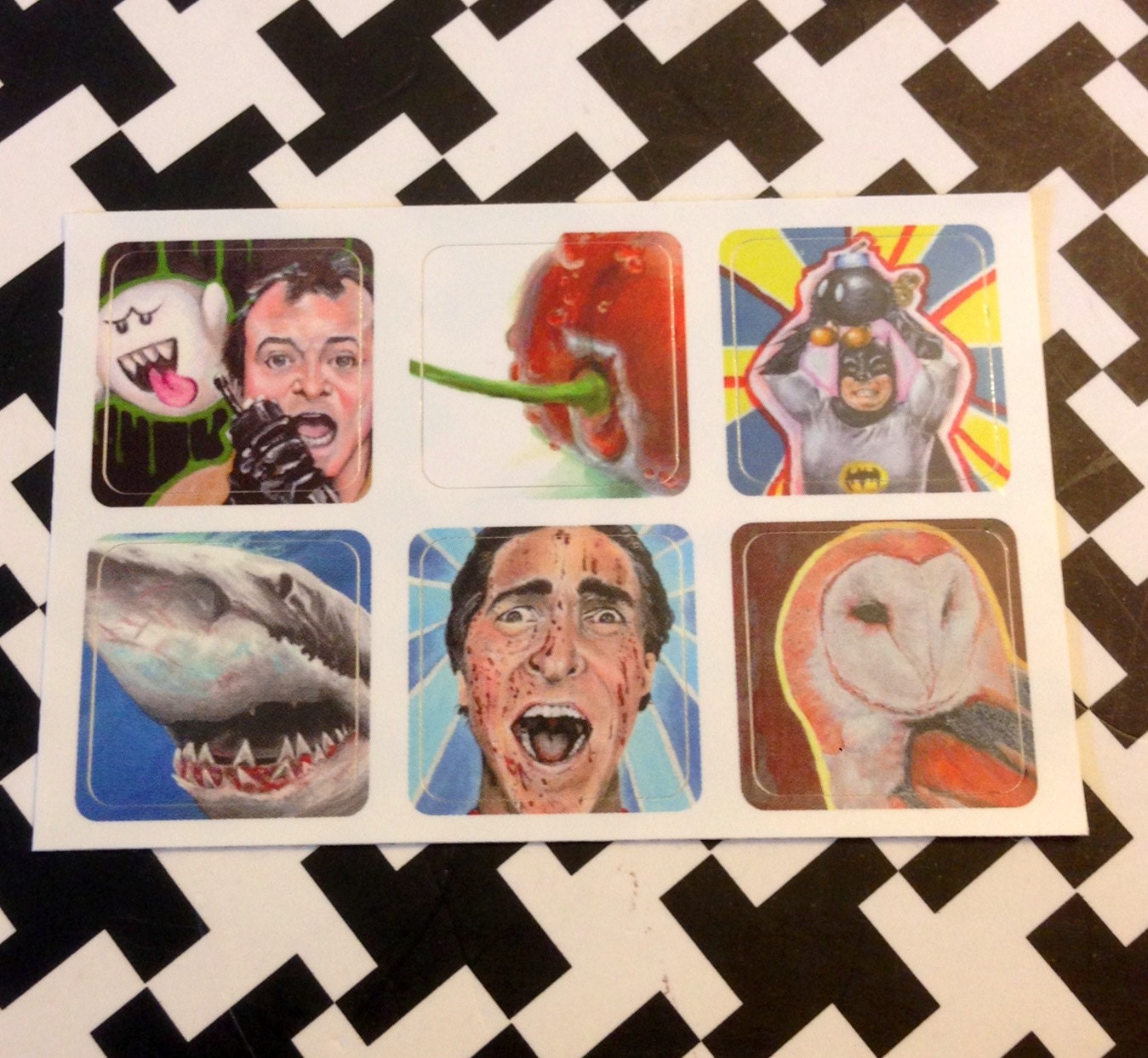 Pop Art Rectangular Sticker Sheet Collection 6 Stickers Adam West Ghostbuster Venkman Barn Owl Adam West Great White Shark