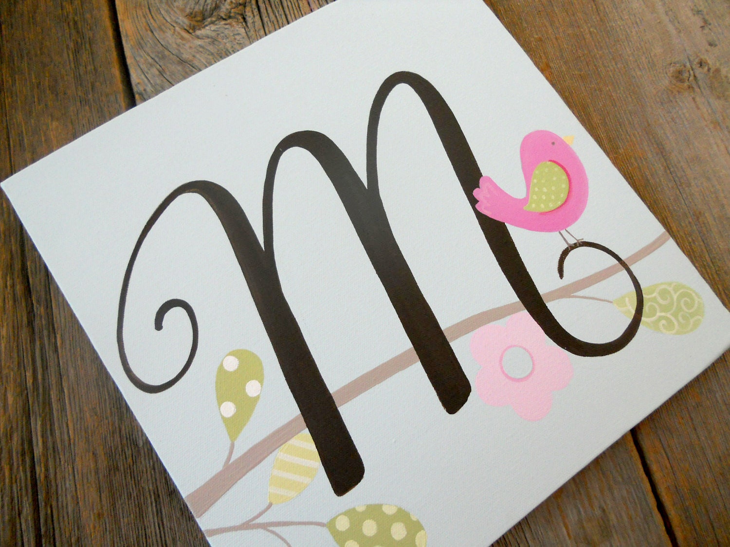 first initial m, posh large 12x12 hand painted stretched canvas wall art