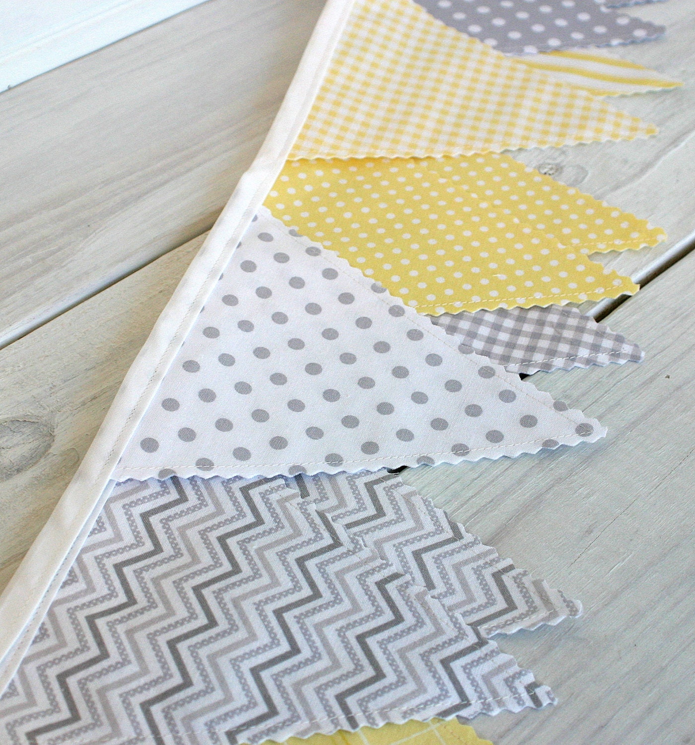Baby Bunting Fabric Banner Fabric Flags  - Yellow and Gray Chevron Dots Gingham - Ready to Ship
