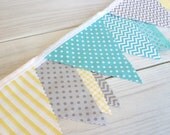 Baby Bunting Fabric Banner Fabric Flags  - Yellow, Gray and Mint Green Chevron Dots Gingham - Ready to Ship