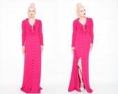60s 70s Sweater Knit Plunging V Maxi Dress - 1960s Raspberry PINK Button Up Fitted Dress Gown - XS S 0 2