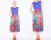 80s Colorful Abstract Skirt - 1980s Silky Brush Stroke High Waist Pleated Midi Skirt - S 4 6