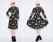 60s 70s Black Floral Garden Party Dress - 1970s Belted Ascot Secretary Dress Long Sleeve - Full Skirt - S M 6 8