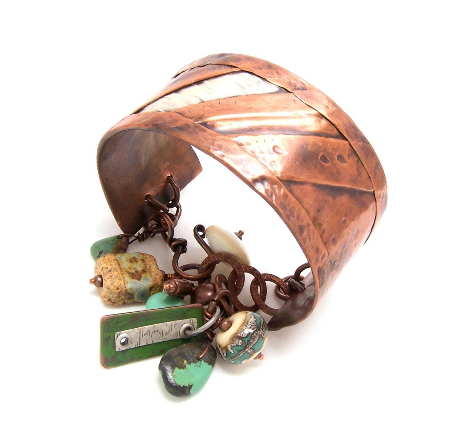 Charm Bracelet, Mixed Metal Jewelry, Copper Charm Bracelet, Silver and Copper, Fold Formed Cuff, Metalwork Jewelry