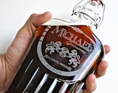 Etched Flask, Swing-Top Glass Flask Decanter with Personalized Est Design, Wedding gift, Man Cave,Bar, Just Married