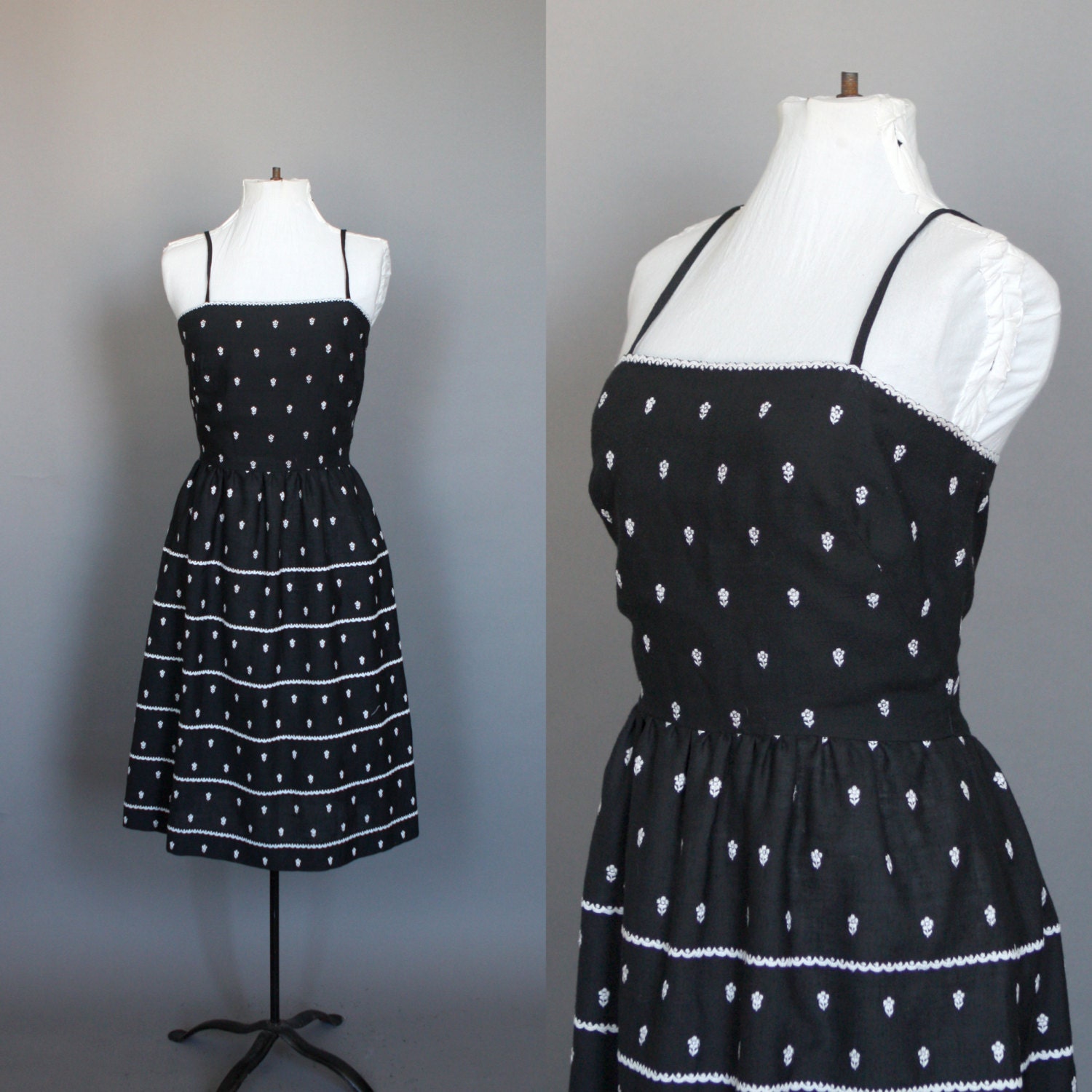 Vintage Summer Dress 70s 1970s Sun Dress Black and White Floral Dress with Full Skirt Small