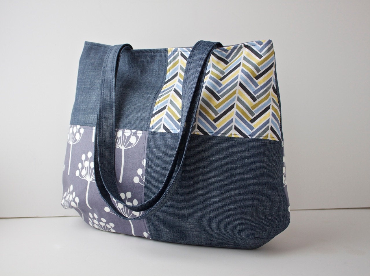Shoulder Bag in Denim Patchwork  with Spring Buds in Grey and Navy, Yellow and Grey Herringbone - ready to ship