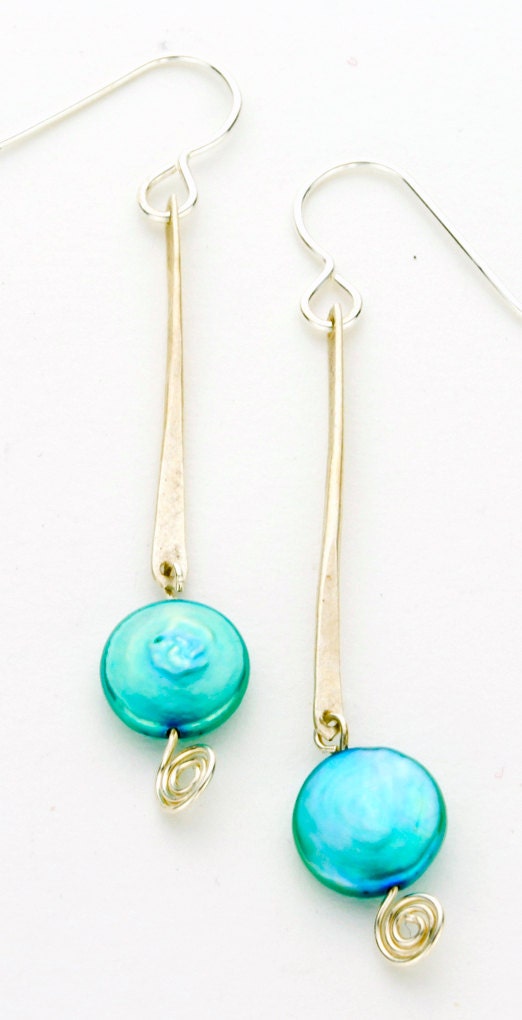 Turquoise Coin Pearl and Sterling Silver Earrings