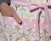 Vendor Pocket Utility Apron in Strawberry Cream Pink Polka Dot & Caramel Damask w/ Chandeliers, Teacher