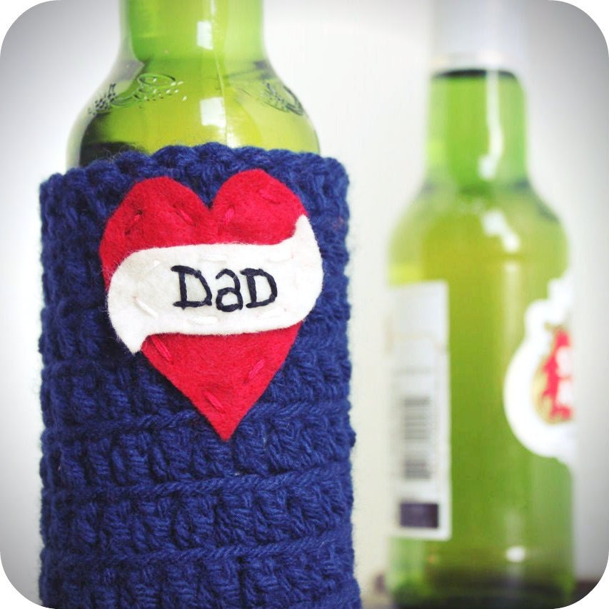 Dad Beer Bottle Soda Can Koozie Cozy fathers day funny blue red handmade cover water bottle crochet heart embroidered