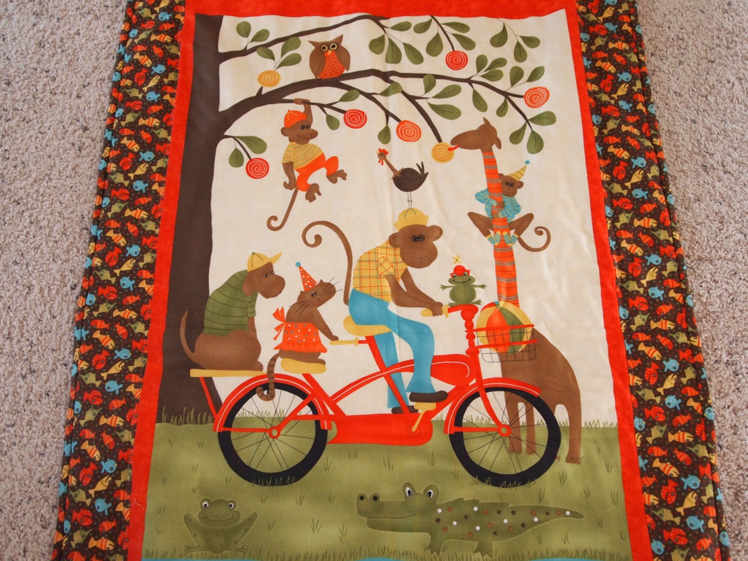Handmade toddler/baby quilt blanket brown/green Unisex Boy/Girl, monkeys, fish, tree