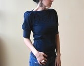 Women's Navy Top with folded detail, cotton jersey, puff sleeves, modern chic- made to order