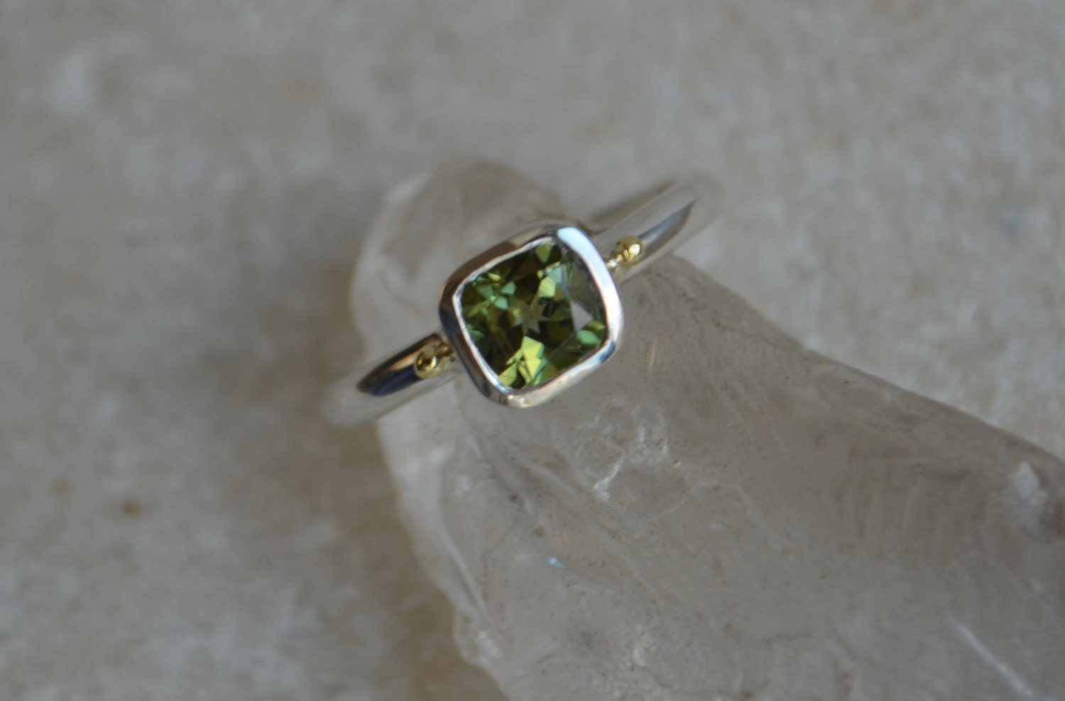 Green Tourmaline Cushion Cut Ring in Sterling with 14K Gold Beads