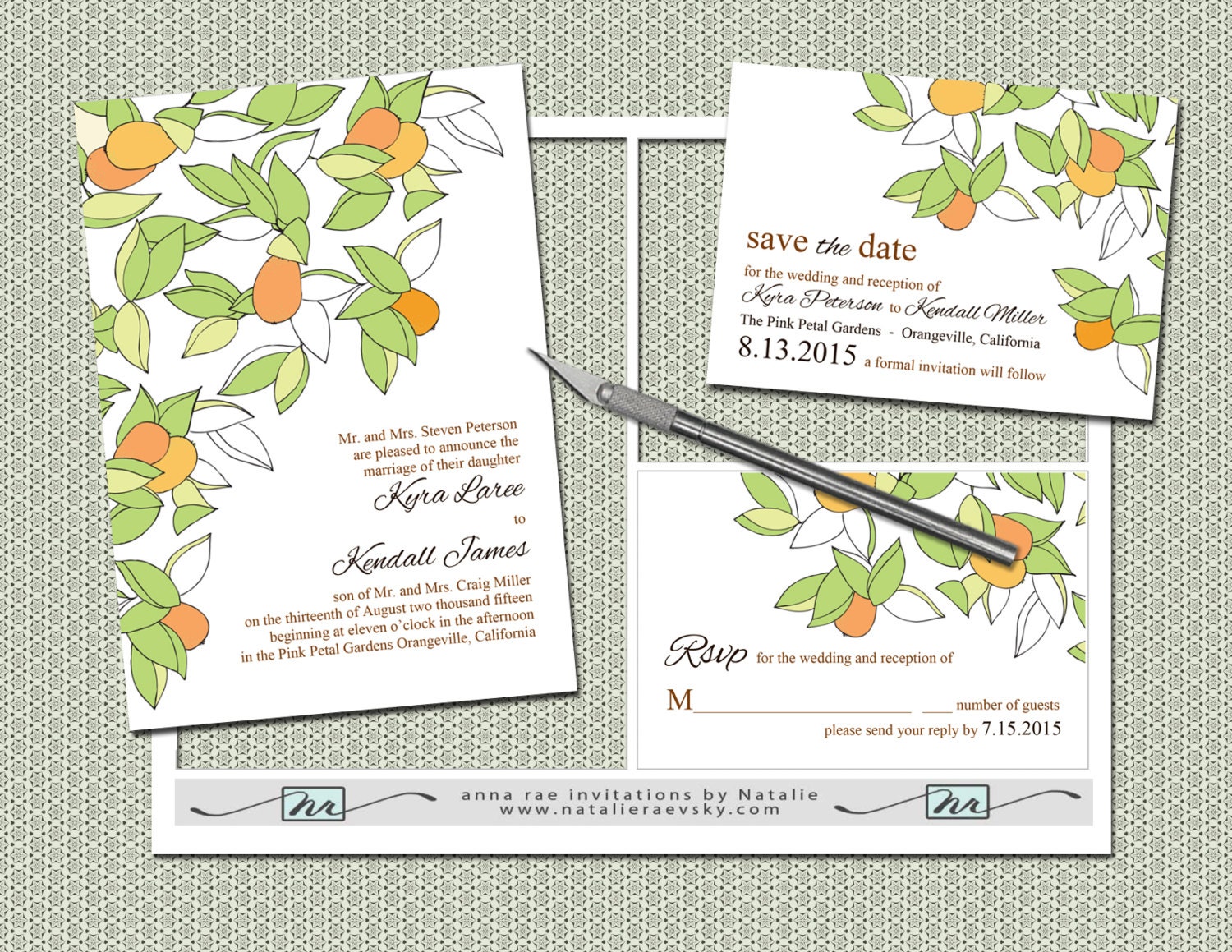 DIY- Orange Grove, printable Wedding Invitation Suite with rsvp, save the date
