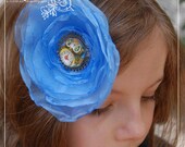 Blue Steampunk Owl - Pretty flowers for your hair - Handmade Light Blue Organza Flower Clip with a Steampunk style Owl