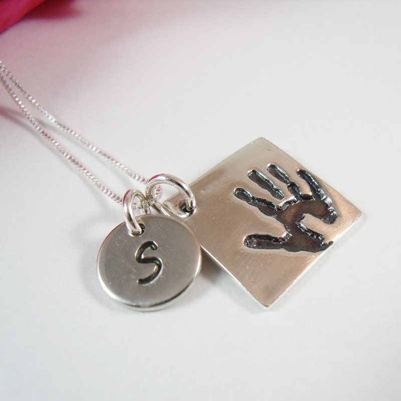 SALE -Handprint Necklace - Your Childs ACTUAL Handprint - Handprint Jewelry - Sterling Silver Square Charm with Initial Charm
