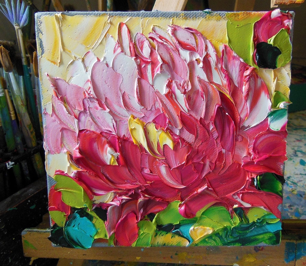 Oil Painting Original Impasto Deep Pink Peonies Art