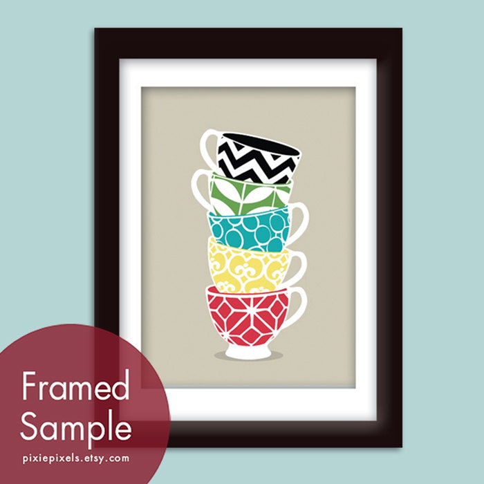 Modern Pattern Stacked Tea Cups 5x7 Art Print (Featured in Assorted Colors) Customizable colors (Buy 3 Get One Free)